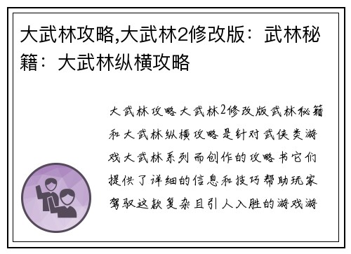 大武林攻略,大武林2修改版：武林秘籍：大武林纵横攻略